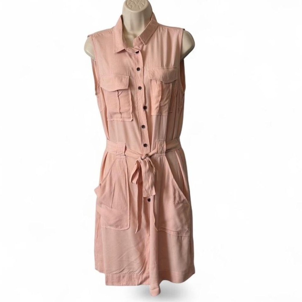 Pink Sleeveless Belted Shirt Dress, Women's Size‎ M